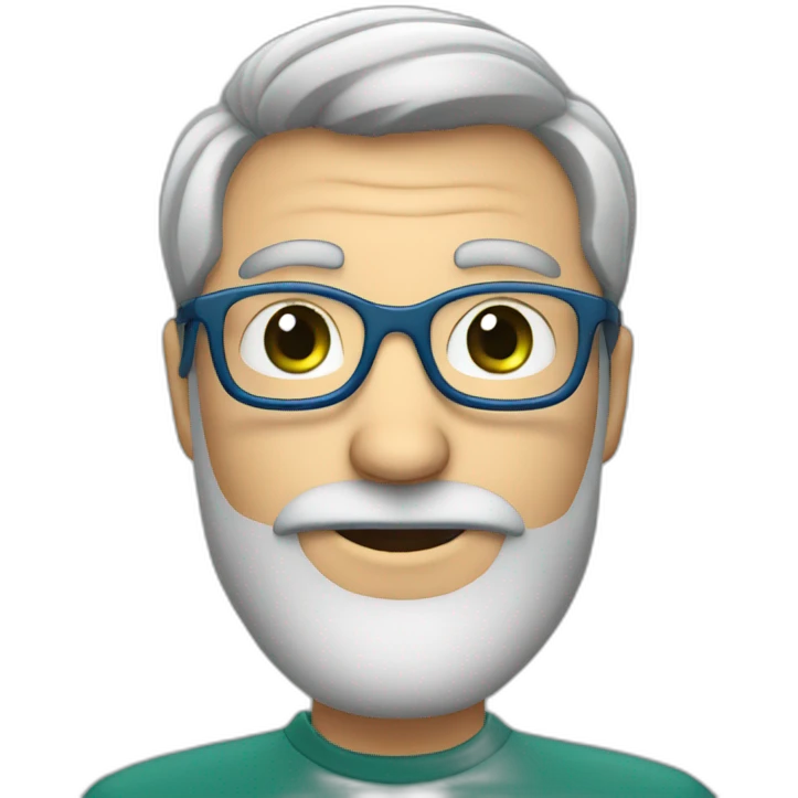 Funny man with grey beard and blue glasses, dark green eyes emoji
