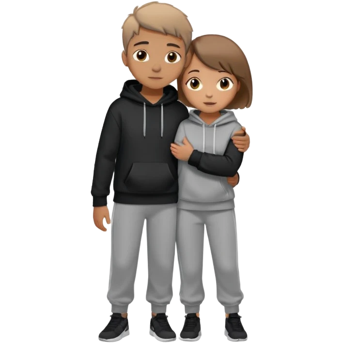 A boy with light brown skin is hugging a girl with light brown skin and short hair.They are both wearing a black hoodie and grey sweatpants emoji
