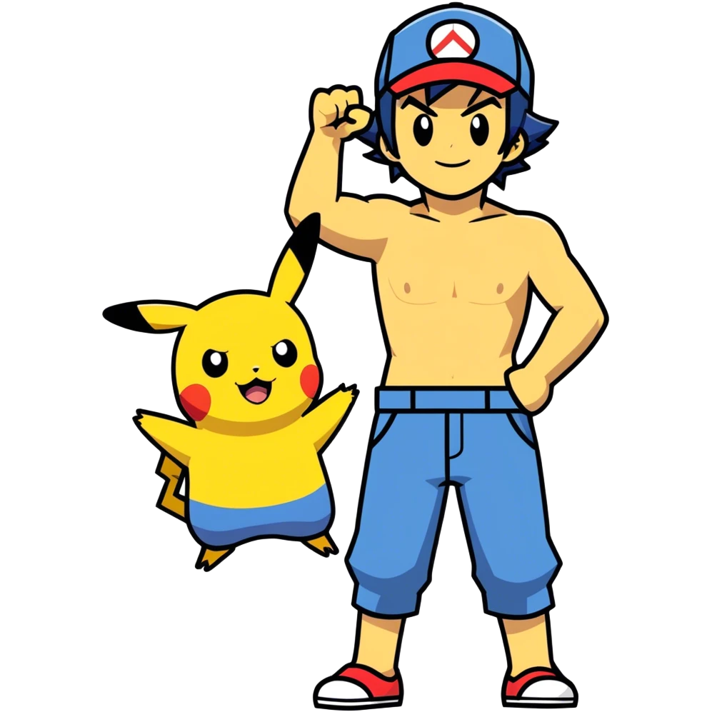 Hot handsomeb muscular 6ft 5inch tall smiling happy fun shirtless Ash Ketchum and friends, one fist raised in celebration the other hand on the front of  his thigh Pikachu on the floor looking up emoji