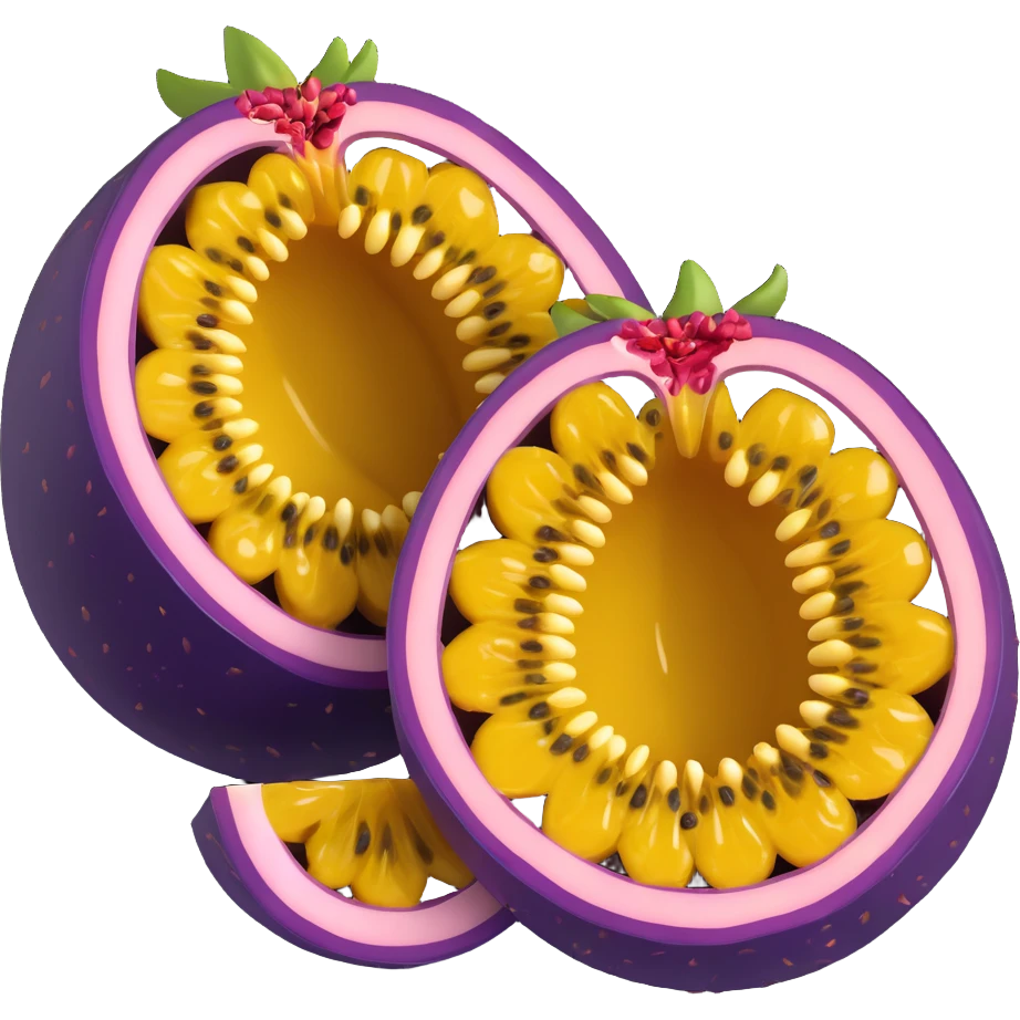 a passion fruit sliced in half, showing yellow seeds, purple skin, fresh and appetizing emoji