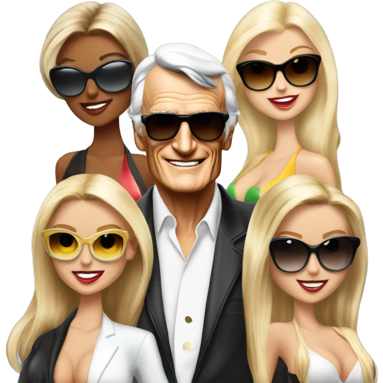 Hugh Hefner sunglasses smirking with 3 blonde models emoji