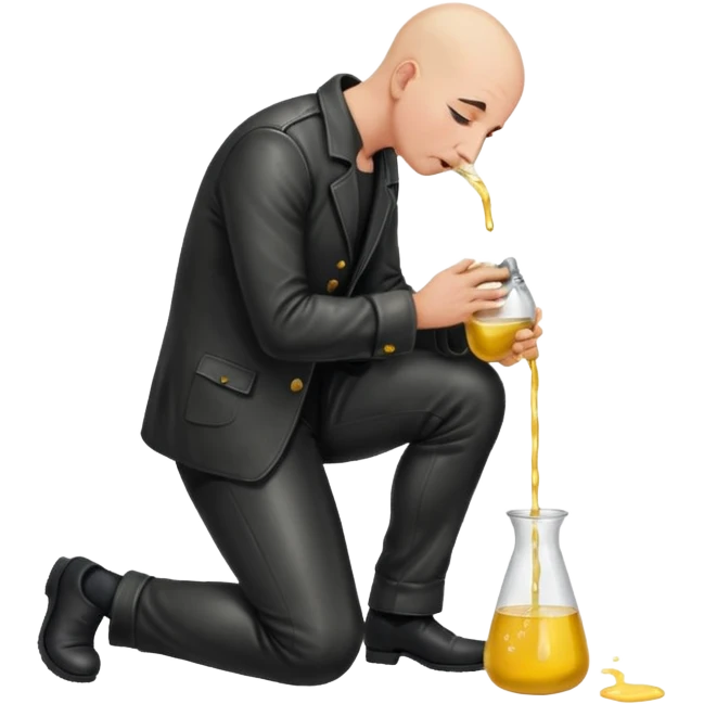Bald man on his knees submissive to tall, standing man in leather, pouring piss down his throat emoji