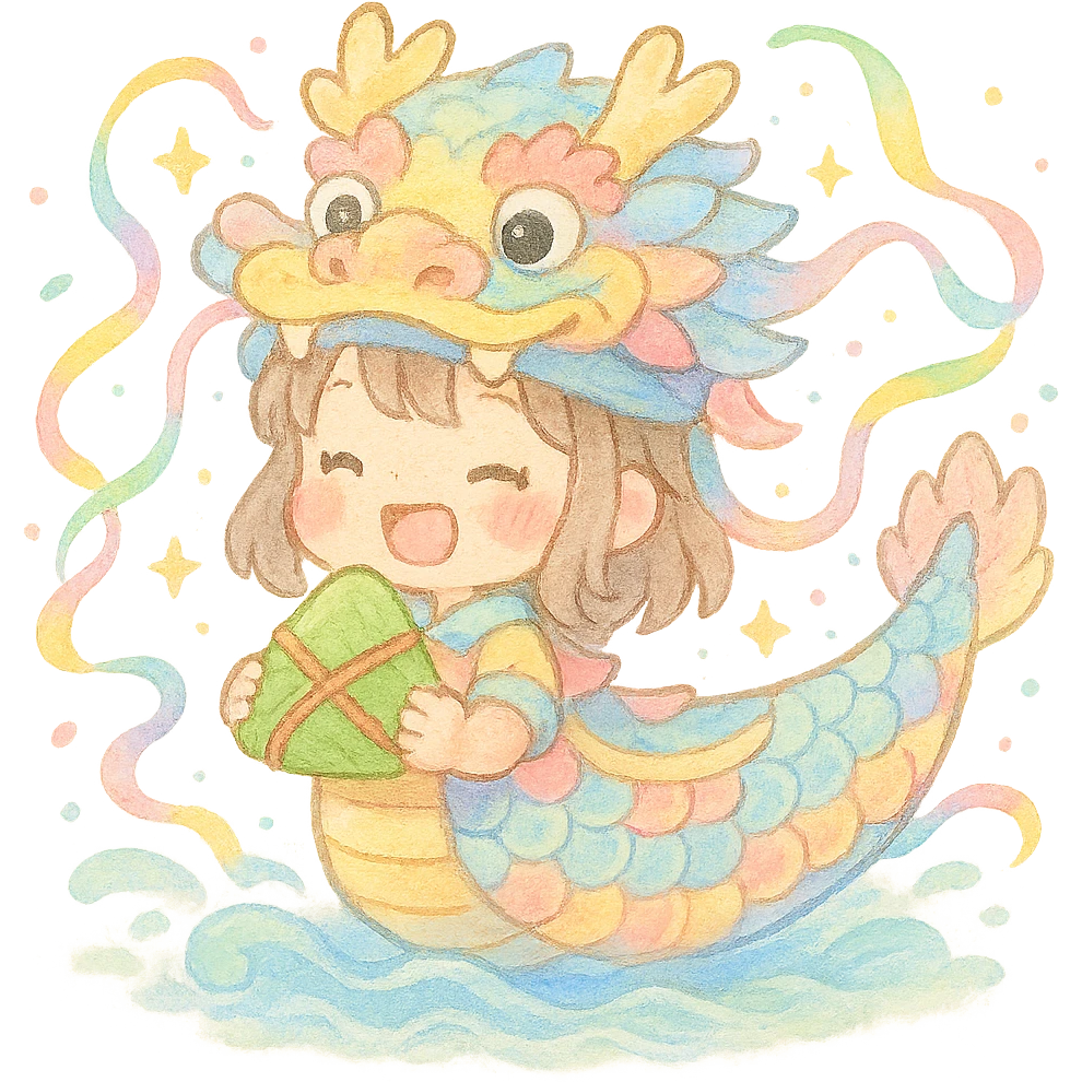 cute chibi girl dressed as a pastel dragon boat, joyfully holding a rice dumpling, surrounded by colorful ribbons, sparkles, soft waves, festive Dragon Boat Festival, kawaii, watercolor, pastel, fluffy emoji