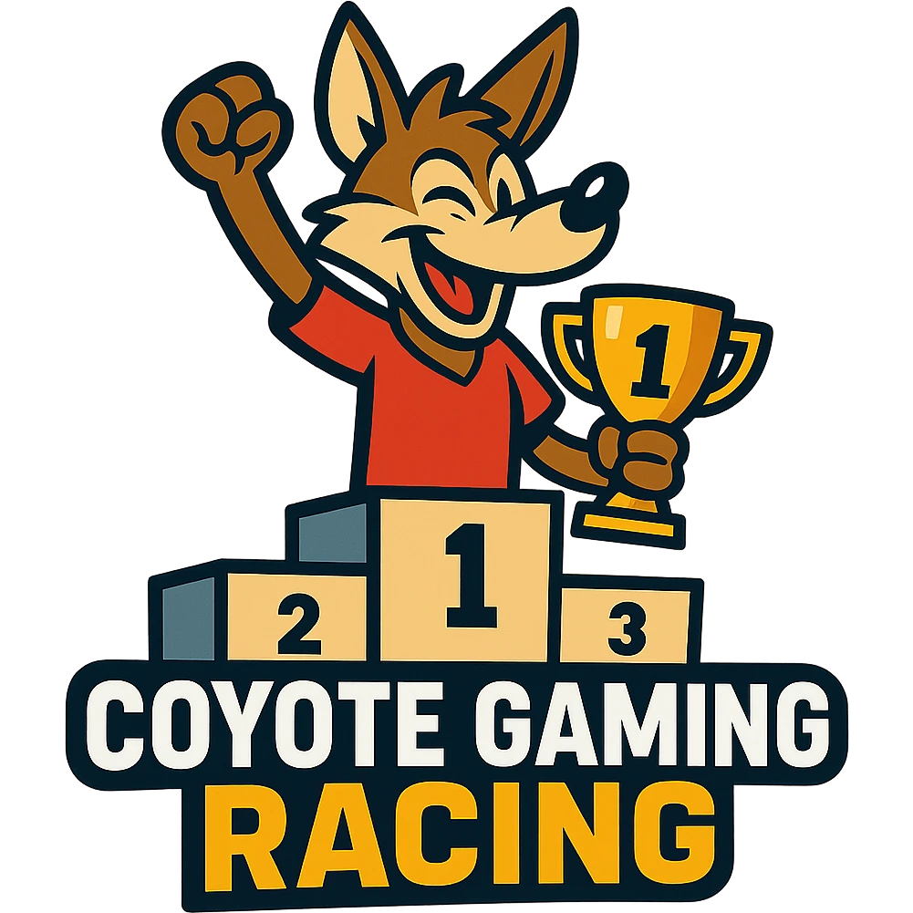 Coyote Gaming Racing logo in vibrant toon style, with a coyote character on a podium emoji