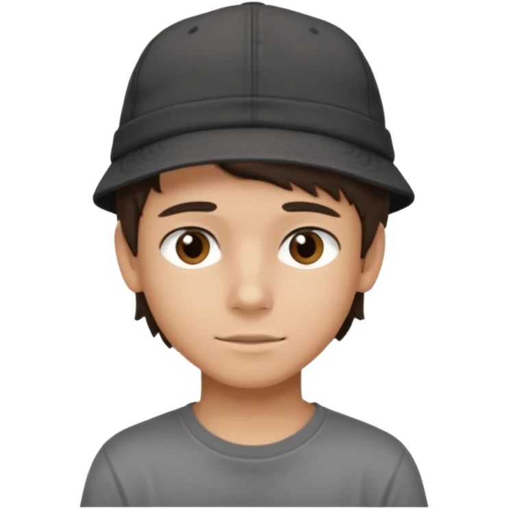 Create a teen boy wearing a faded black T-shirt. He will have brunette hair, tan skin, and dark brown eyes. He is wearing a gray hat turned backwards. emoji