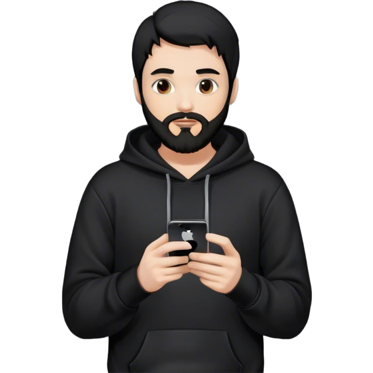 hackeur blanc cheveux noir barbe et capuche noir avec iphone emoji