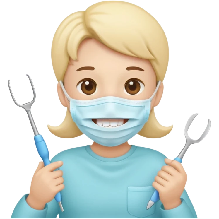 Cute tooth character wearing a face mask, holding dental tools, friendly and clean emoji style, flat illustration, simple design, white background. Diente animado no person emoji