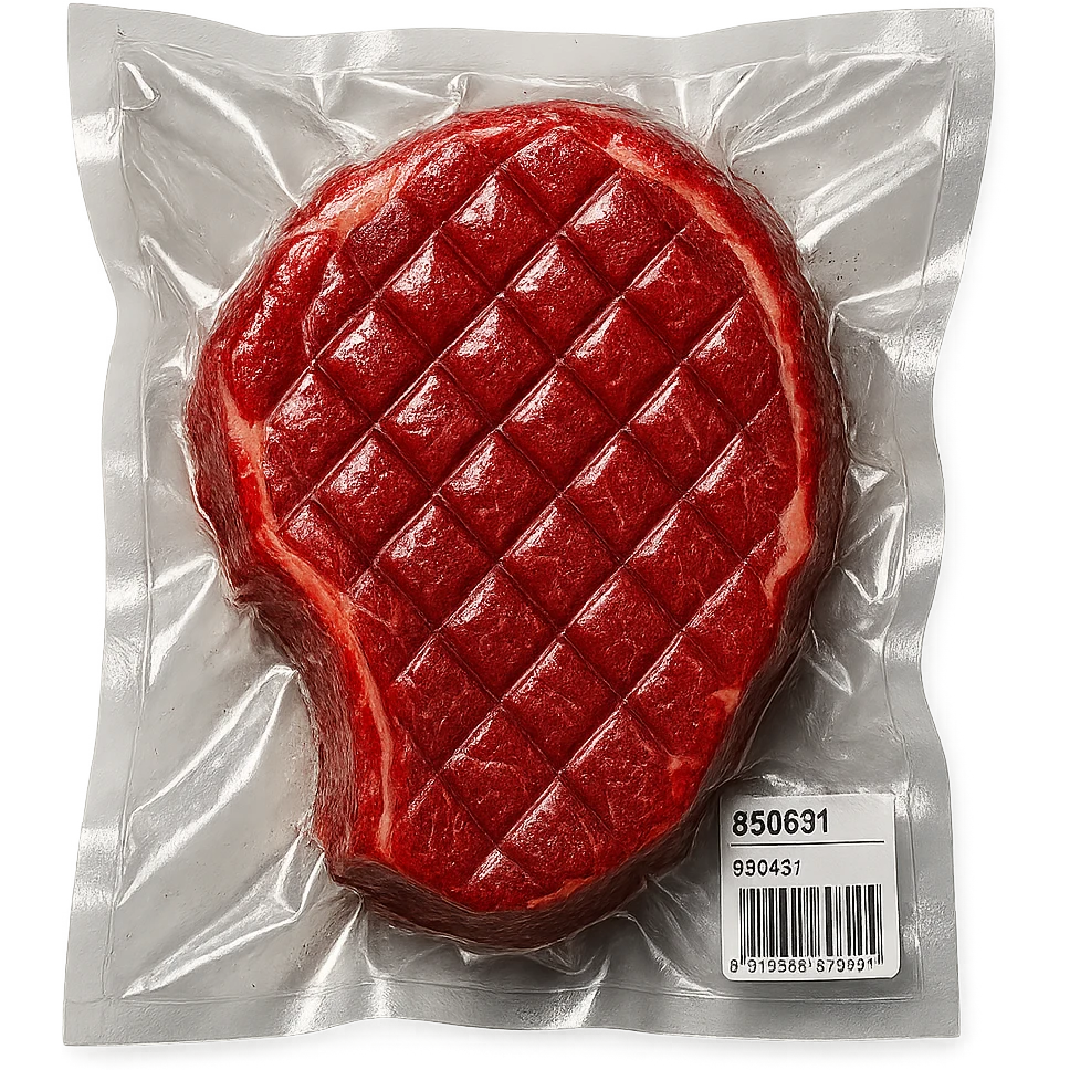 diamond-textured meat steak, shiny and inflated emoji