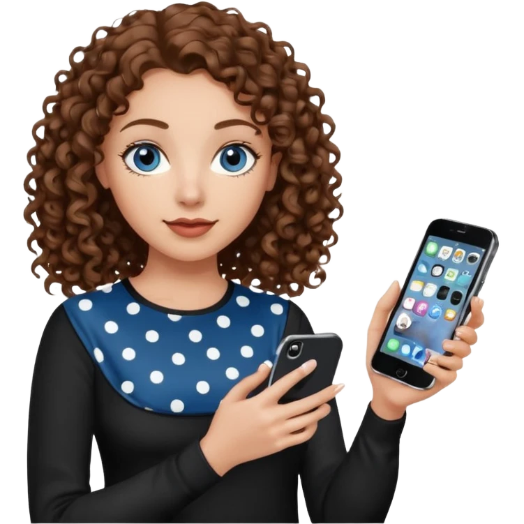 generate a pretty woman with blue eyes, light skin and medium brown curly shiny hair holding an iphone with a black and white polka dot case. she is looking at the phone and holding it in her hand. she is wearing a black long sleeve emoji