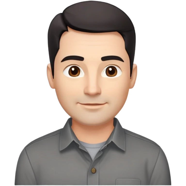 Professional-looking man in his 40s with wide square face, defined jawline, full cheeks, warm smile, medium brown eyes, prominent natural eyebrows, straight wide nose, slightly upturned lips, short fade haircut with dark almost black hair, wearing a gray button-up shirt emoji