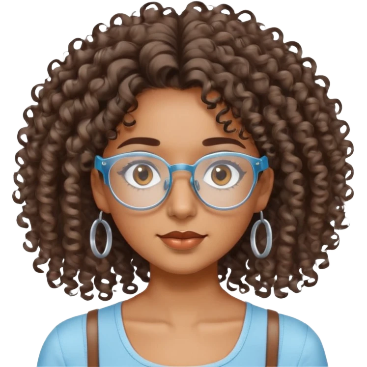 Chica morena cabello crespo con lentes transparentes y ojos cafés y blusa  de tiras color azul claro. emoji