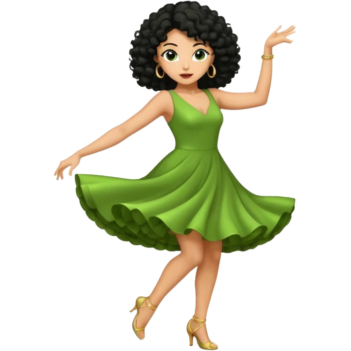 a woman with olive skin tone and curly black hair wearing green and dancing. full body, disco pose emoji