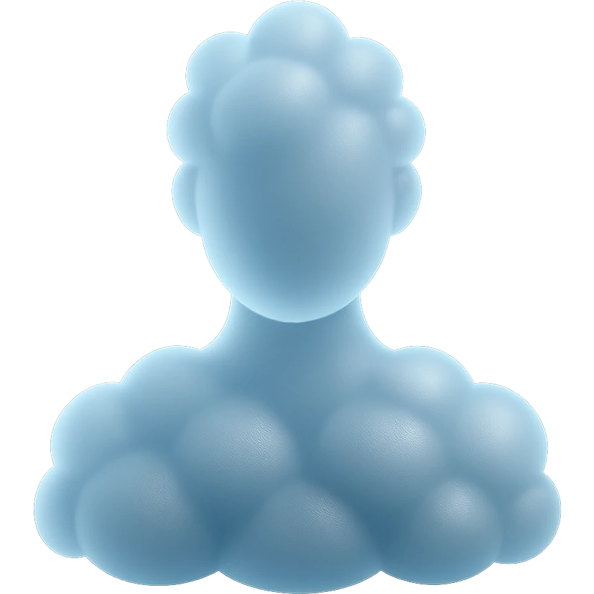 person made entirely of bright convex clouds, shoulder up, front view, matte glass style emoji