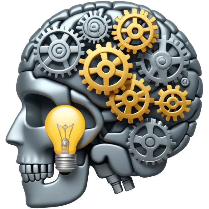 brain with lightbulb and gears, critical thinking emoji