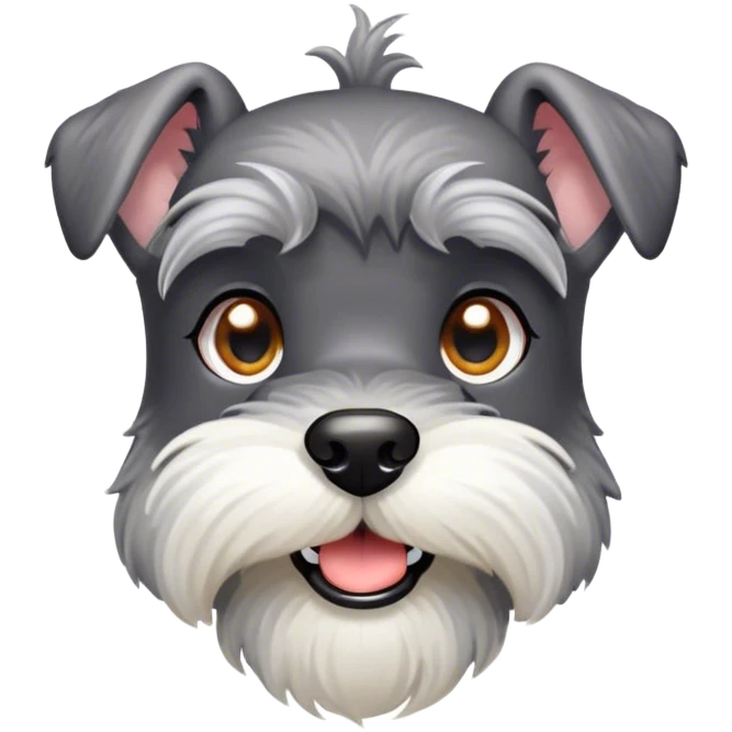 Cinematic Cute Miniature Schnauzer Portrait Emoji, Head cheerfully cocked with expressive, twinkling eyes and a neatly trimmed, adorable salt-and-pepper fur, simplified yet endearingly detailed, glowing with a bright, friendly radiance, high shine, exuding smart and spunky charm, styled with a delicate, whimsical outline, capturing the essence of a cute Miniature Schnauzer that appears ready to scamper off the screen with delightful energy! emoji