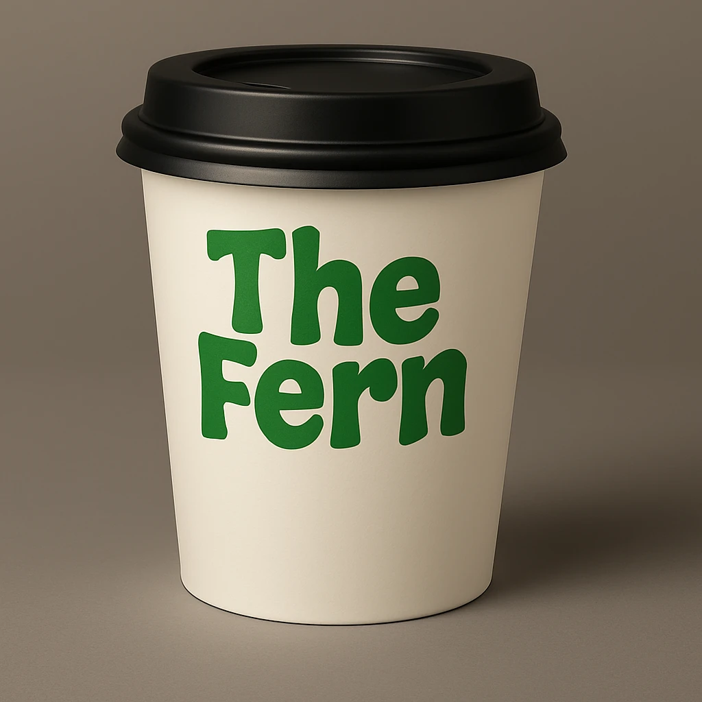 Change the letters that say 'The Fern' to green, keep the bold, playful letters and simple, eye-catching style on the to-go cup. Maintain the bold and playful letter style with a simple and eye-catching design for the text. emoji