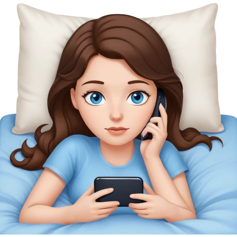 White girl brunett blue eyes, laying on flat In bed using her phone emoji