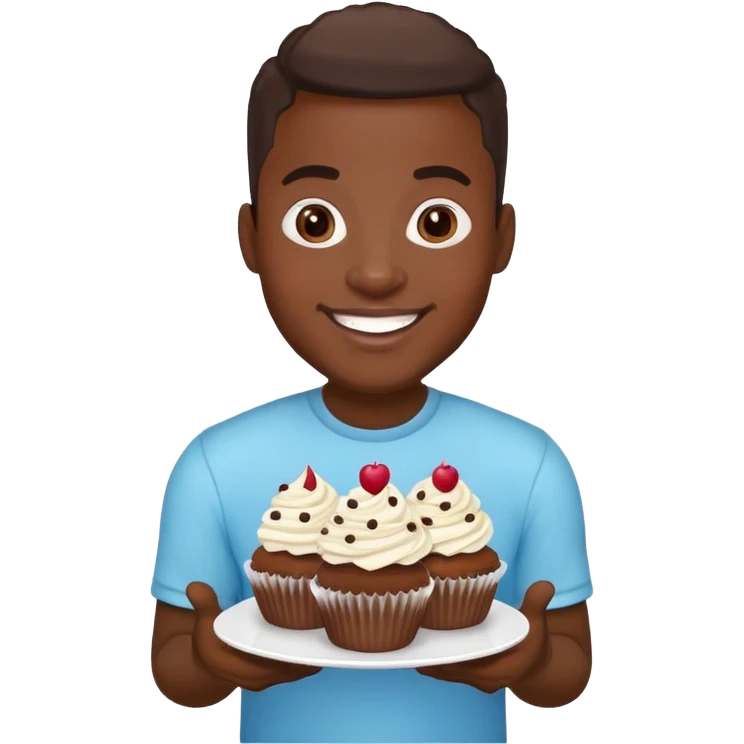 Cartoon of a very large smiling African American man holding cupcakes emoji