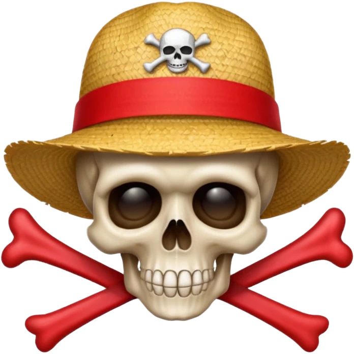 Skull and crossbones wearing a straw hat with the ribbon being red emoji