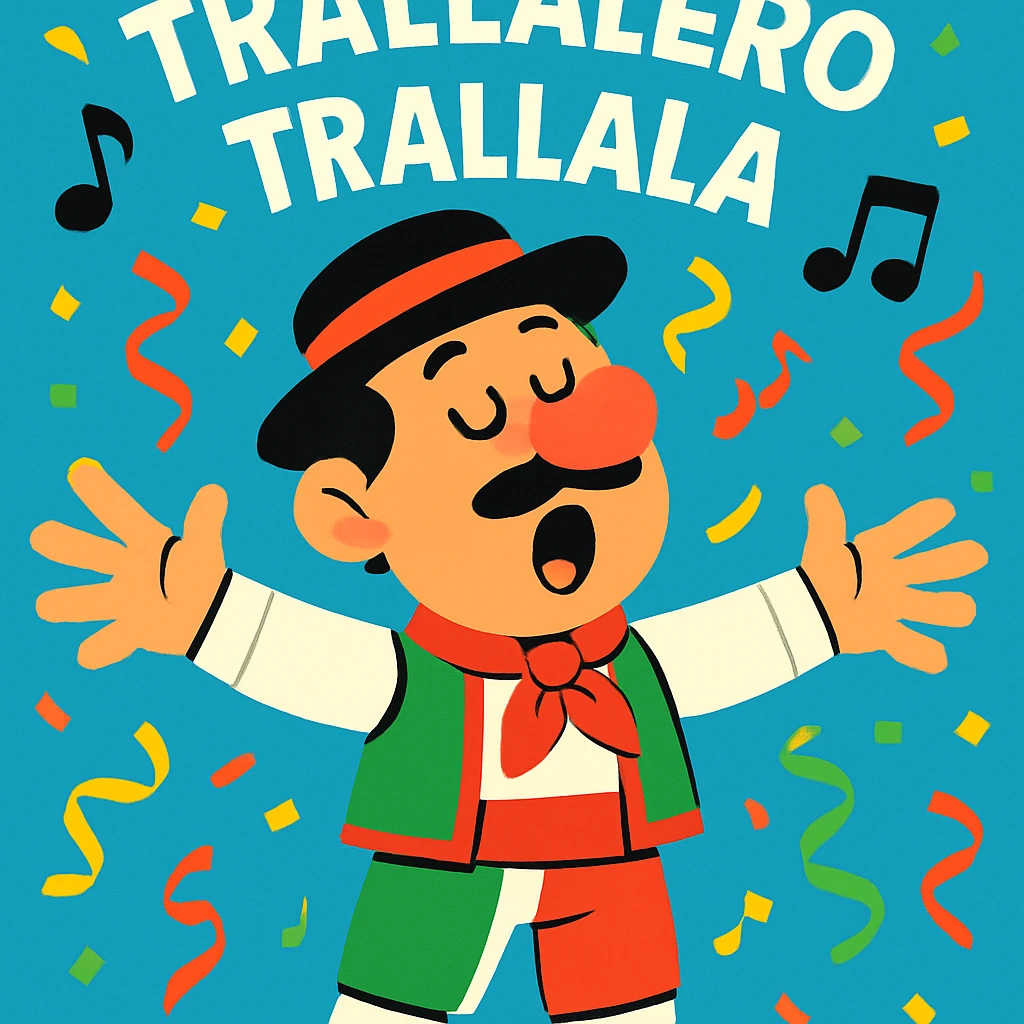 cartoon character in traditional Italian attire with arms wide singing 'trallalero trallala' with festive background, lively style emoji
