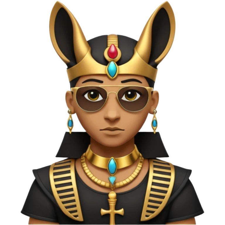 3D cartoon horned character portrait, wearing sunglasses, gothic ancient Egyptian style, pharaoh collar, dark gold and black outfit, ankh symbols, Egyptian jewelry, mysterious expression, soft dramatic lighting, centered, clean background, no text, no watermark emoji