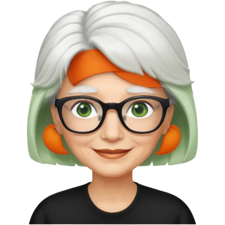 White hair grandma, green eyes, hair to shoulder, lokeg black glasses, rectangles face, smile , emoji