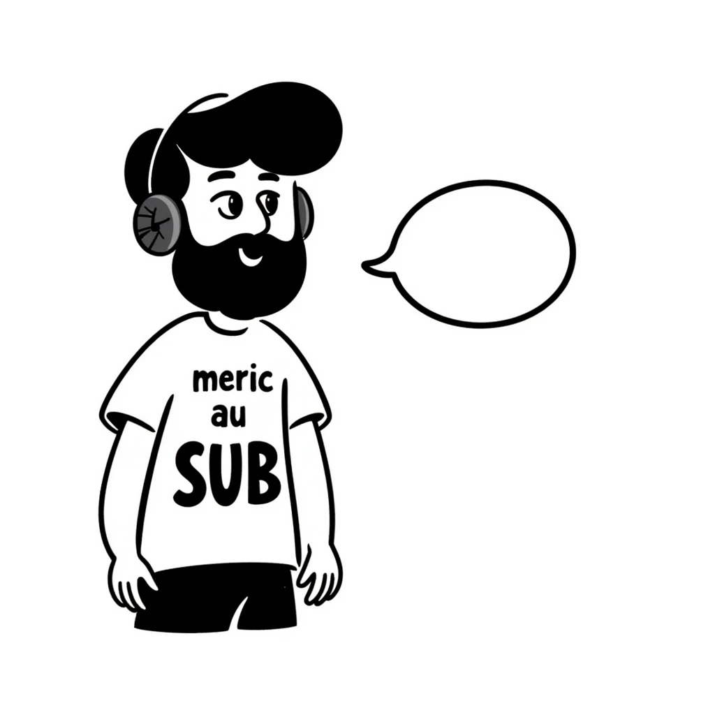 A person with black hair, brown eyes, and a black beard wearing a gaming headset saying "merci au SUB" emoji