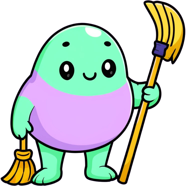 chubby lavender-colored lavender flower character with droopy eyes and a tired face, holding a tiny broom emoji