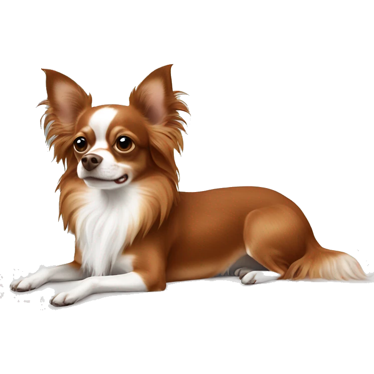 Long-haired reddish brown Chihuahua with white markings lying on bed  emoji