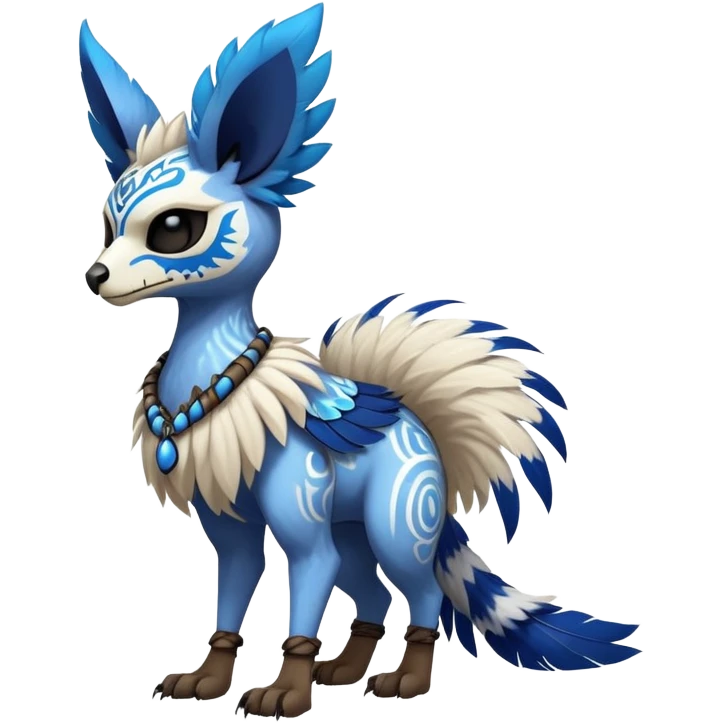 Furry cute colorful exotic tribal feral anime-styled Fakémon-Pokémon-animal-creature with a skull mask, and blue feathers around neck, and blue feathers, with long furry ears, long furry tail, 4 legs, (full body), with intricate pattern-markings  emoji