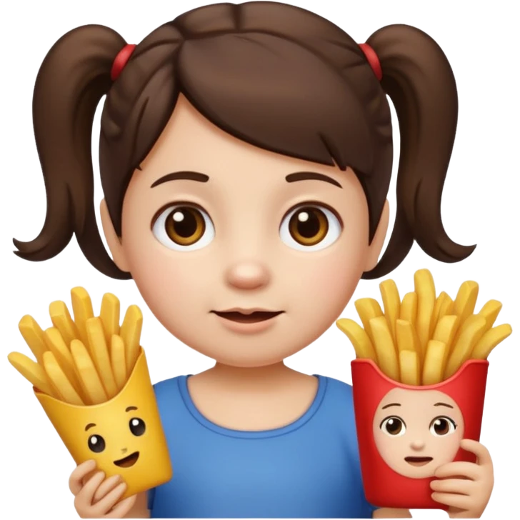 Toddler emoji with two pigtails dark brown hair, fair skin, holding French fries emoji