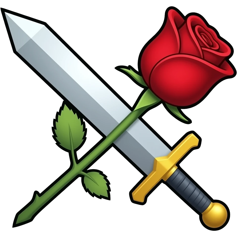 Flat emoji of a simple sword and a red rose crossed or overlapping, bold outline, minimal detail, transparent background, square, no text. emoji