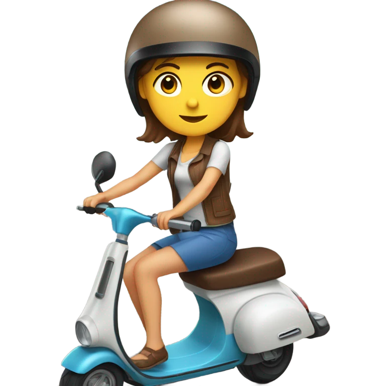 White women with Blue eyes and chocolate hair on a scooter in a helmet and summer clothes emoji