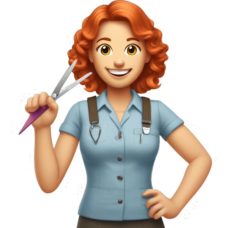 The manicure master is a red-haired girl with a nail file and scissors in her hand. He smiles, winks and calls for an appointment with his other hand emoji