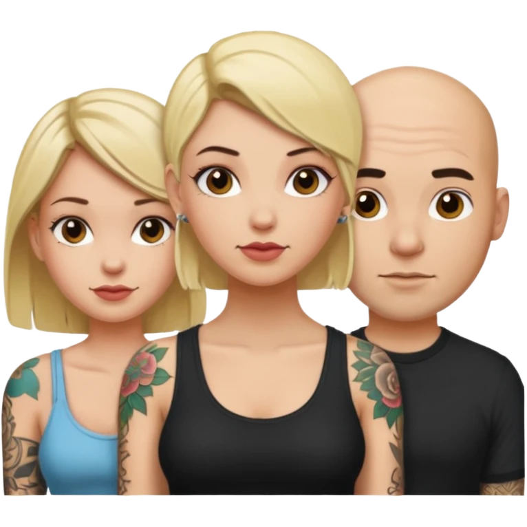 throuple blonde female brunette female with tattoed bald male emoji