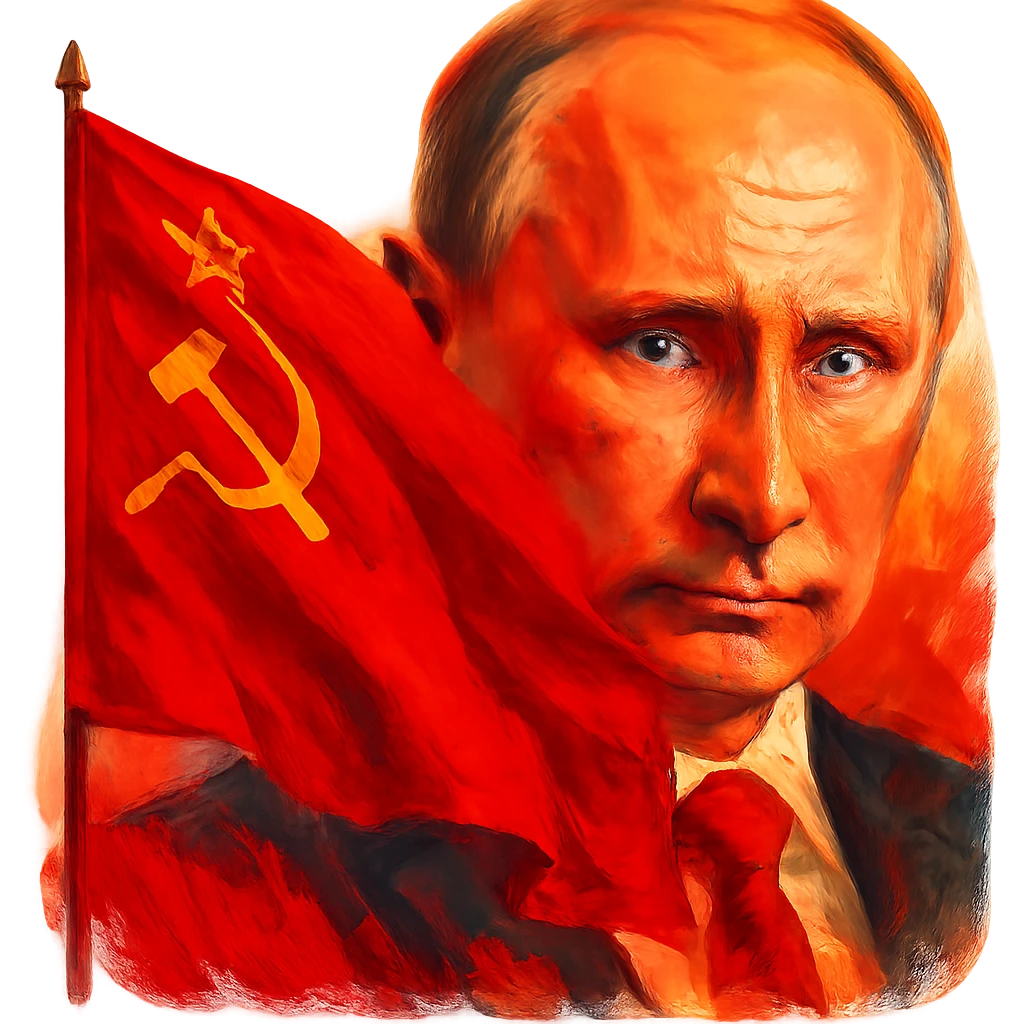 USSR flag with large image of Putin in the background, digital painting style, saturated colors, no text emoji