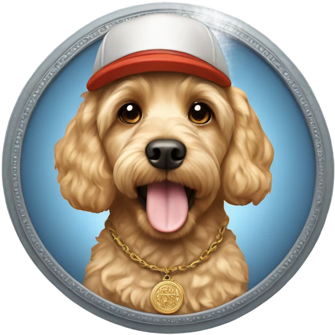 Blonde cockapoo wearing large medallion and cap emoji