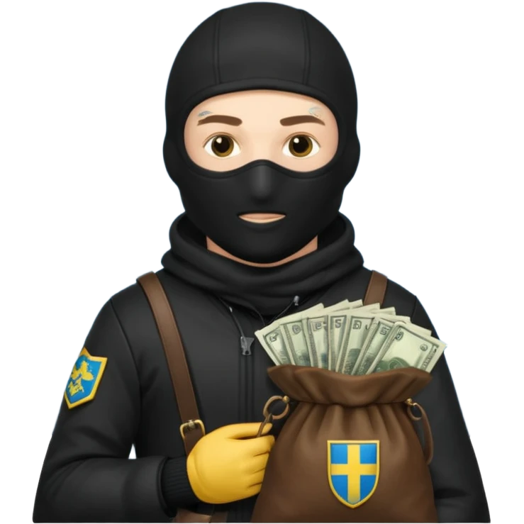 создай белого украинца в черное одежде и черной балаклаве с большим мешком денег с  гербом страны на нем  emoji