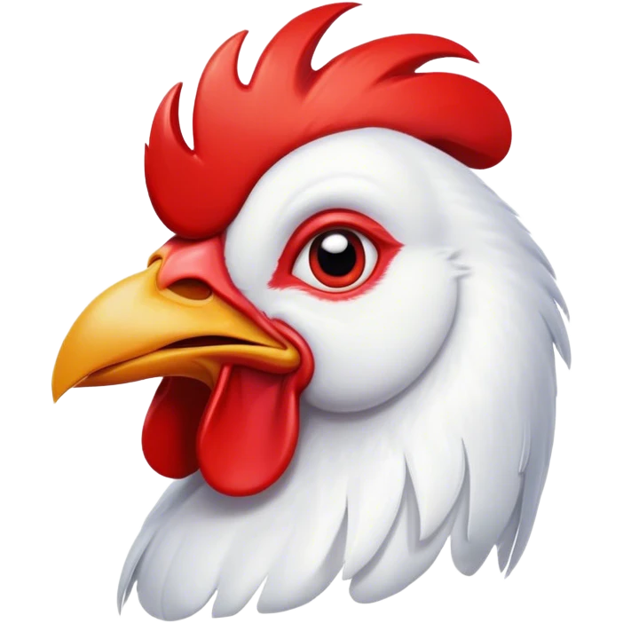 Cinematic Comical White Rooster Portrait Emoji, Head tilted dramatically with an exaggeratedly shocked or amused expression, featuring a striking pure white plumage with a bold red comb, wide, expressive eyes filled with playful disbelief, Simplified yet hilariously expressive features, highly detailed, glowing with a slightly sassy glow, high shine, dramatic yet playful, stylized with an air of cheeky mischief, bright and endearing, soft glowing outline, capturing the essence of a spirited and over-the-top rooster, so meme-worthy it feels like it could crow its way into internet fame instantly! emoji