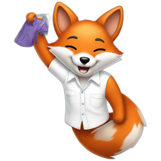 a happy Fox wearing a white shirt doing laundry and hanging clothes on a clothing Line emoji