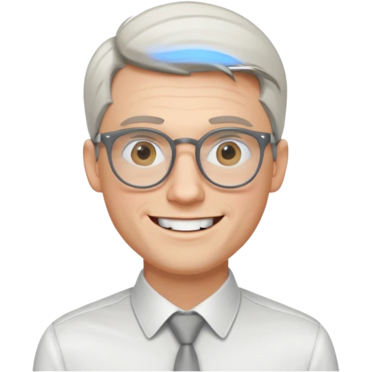 30 yr old pale white man, white/grey side swept stylish hair, round glasses, big smile, white teeth, handsome, longer hair, thin glasses, white dress shirt, smooth forhead emoji
