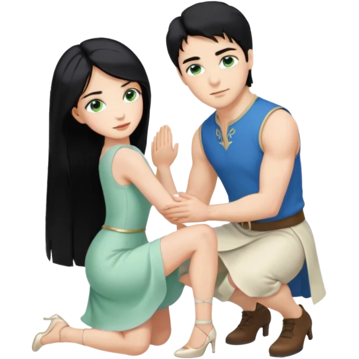 prince, upright, black Hair, blue eyes, garment,  Woman, bending knee, sleveless white dress, blonde hair, green eyes, emoji