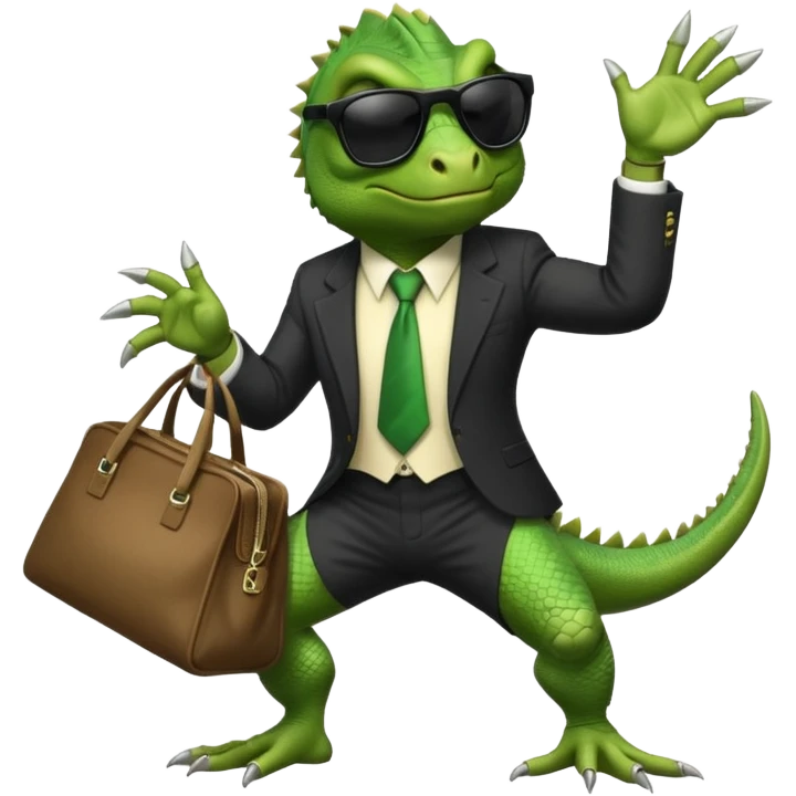 capitalist iguana banker godfather with black sunglasses breakdance with bag emoji