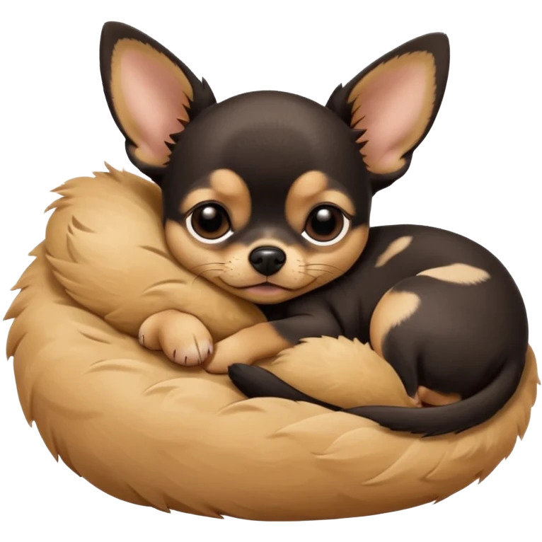 A high-resolution photo-realistic digital illustration of a cute black and tan chihuahua with big eyes closed sleeping lazily. emoji