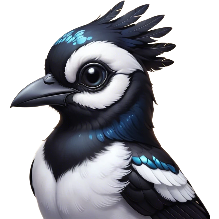 Cinematic Cute Magpie Portrait Emoji, Head tilted playfully and inquisitively, featuring a compact, elegant form with glossy, contrasting black and white feathers and round, sparkling eyes full of playful charm, Simplified yet irresistibly adorable features, highly detailed, glowing with a warm, inviting glow, high shine, affectionate and lively, stylized with a touch of whimsical urban flair, soft glowing outline, capturing the essence of a mischievous yet endearing magpie that seems as if it could flit out of the screen into your arms! emoji