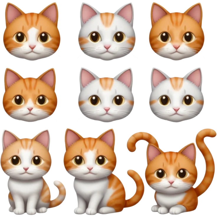6 cats: 1 small ginger and white, 1 small brown tabby and white, 1 small grey and white, 1 big grey and white, 1 mostly grey with white paws and small white patch on chest and 1 calico emoji