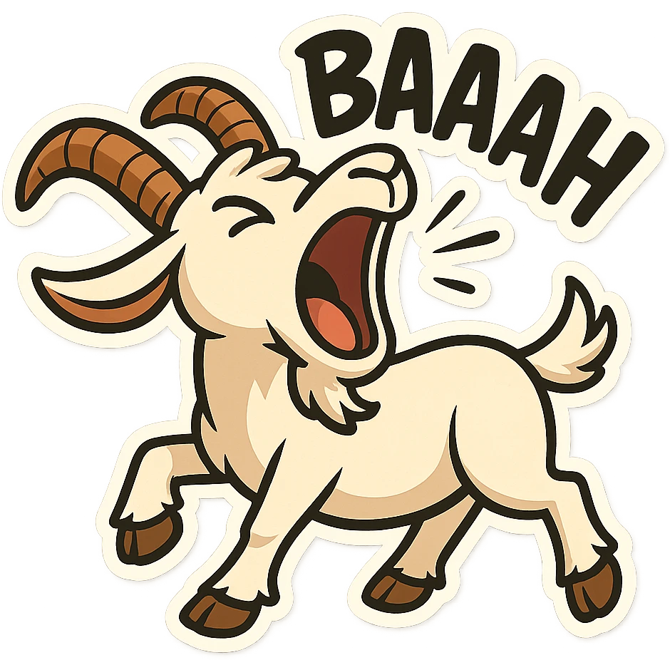cartoon sticker style goat with mouth wide open, exaggerated 'baaah' text, energetic pose emoji