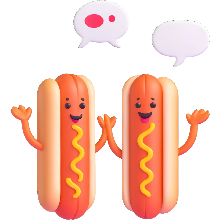 two hotdogs talking to each other, each with a speech bubble, fun and expressive emoji