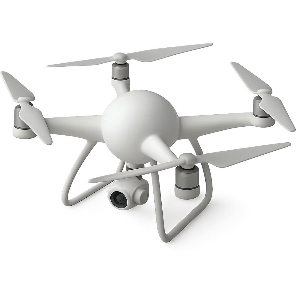 modern white drone with all parts radiating from a central ball, no logo emoji