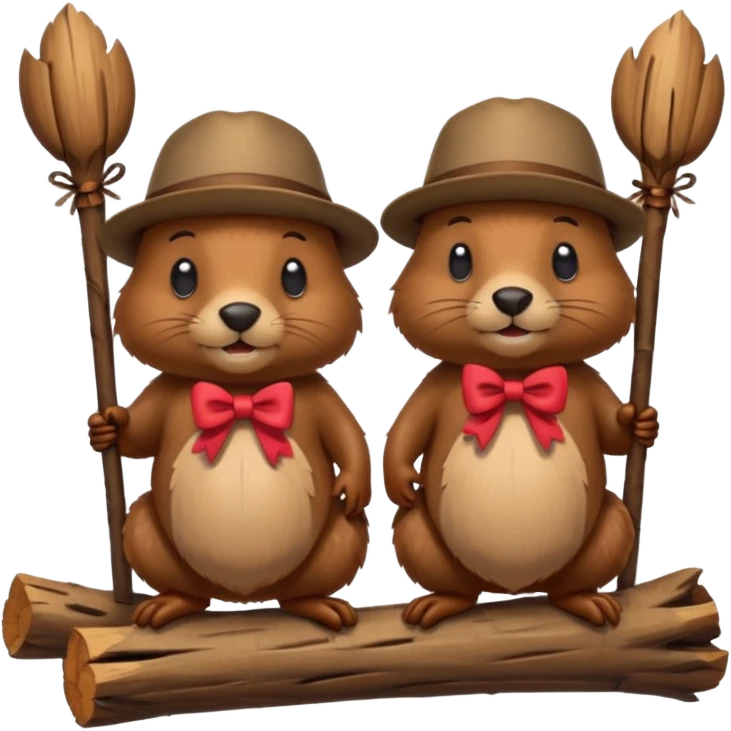 add a bow on the head of one beaver with another beaver without a bow on its head in a lodge of sticks and logs emoji